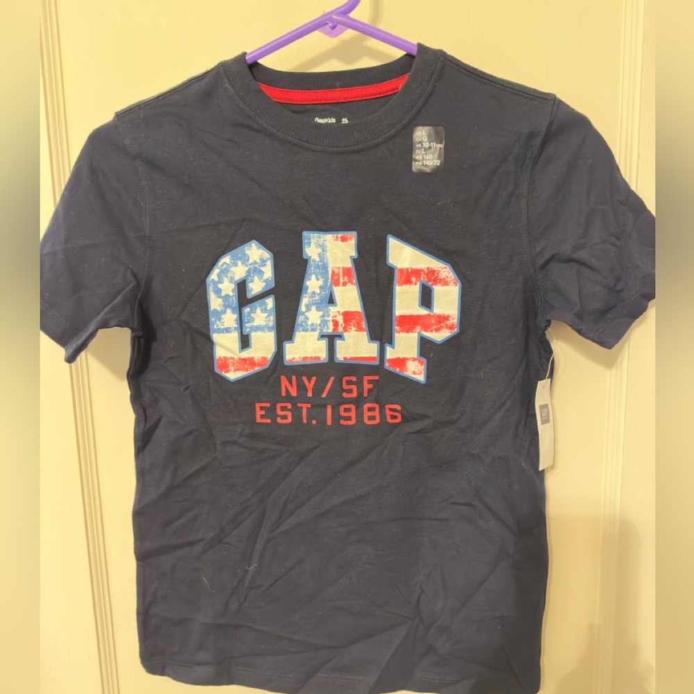 GAP Boys Dark Blue Graphic Tee with Red and White Accents